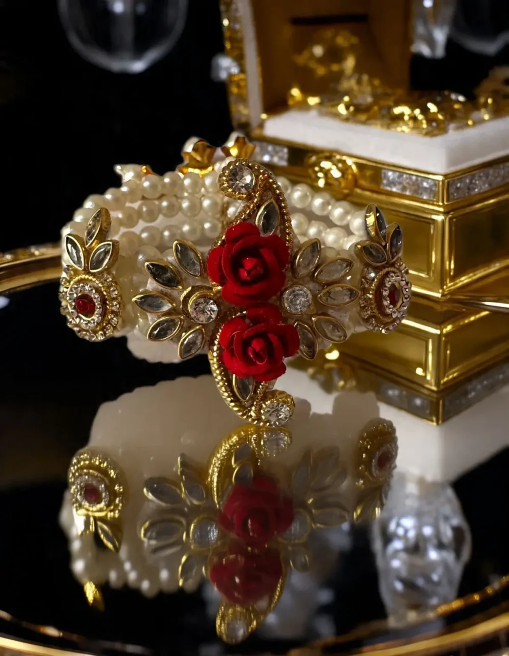 Radiant Pearl & Red Kundan Bracelet –Wear a Touch of Royalty on Your Wrist ✨