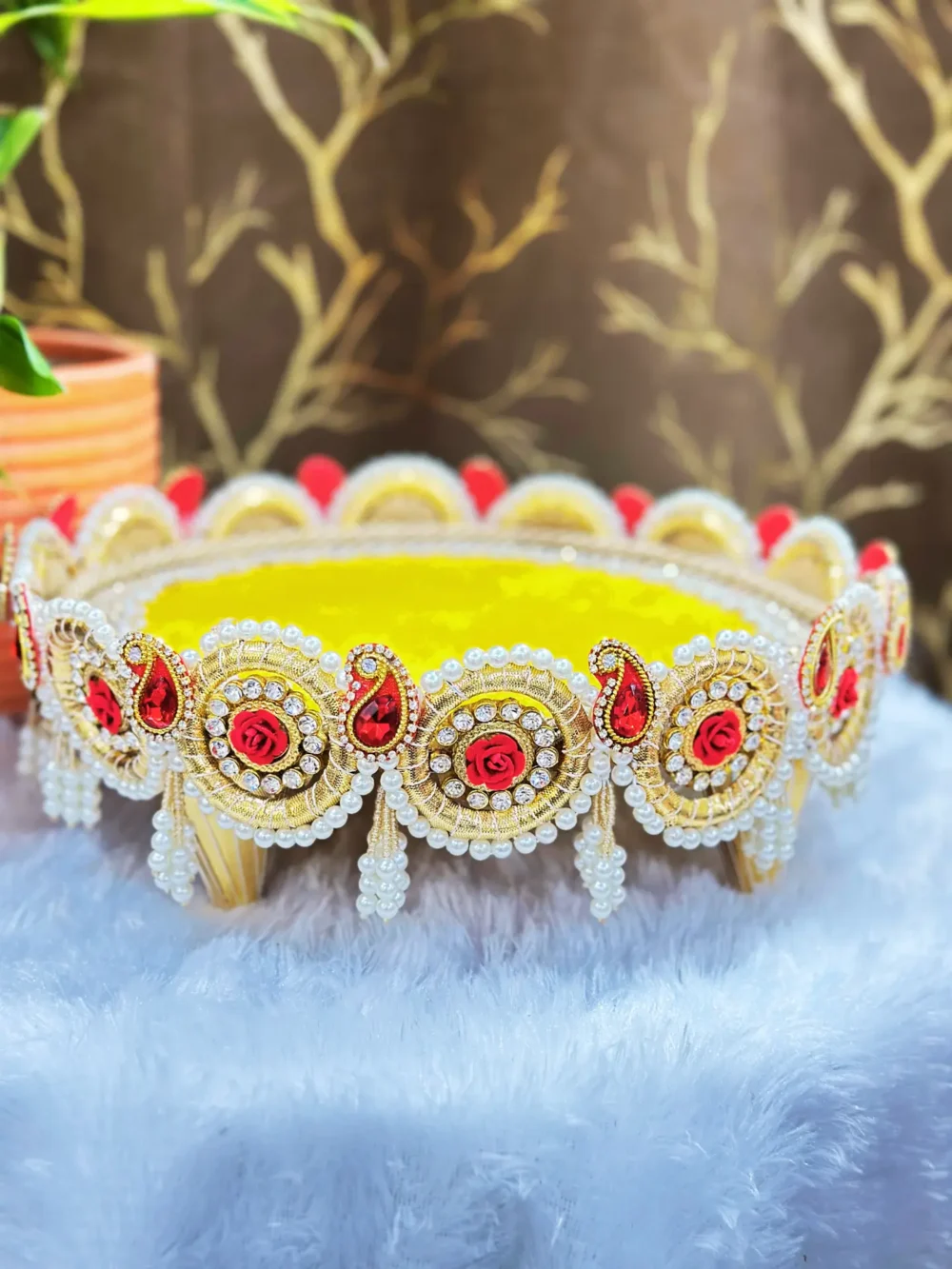 Royal Yellow & Red Welcome & Rakhi Thaali Cum Singhasan– Handcrafted
