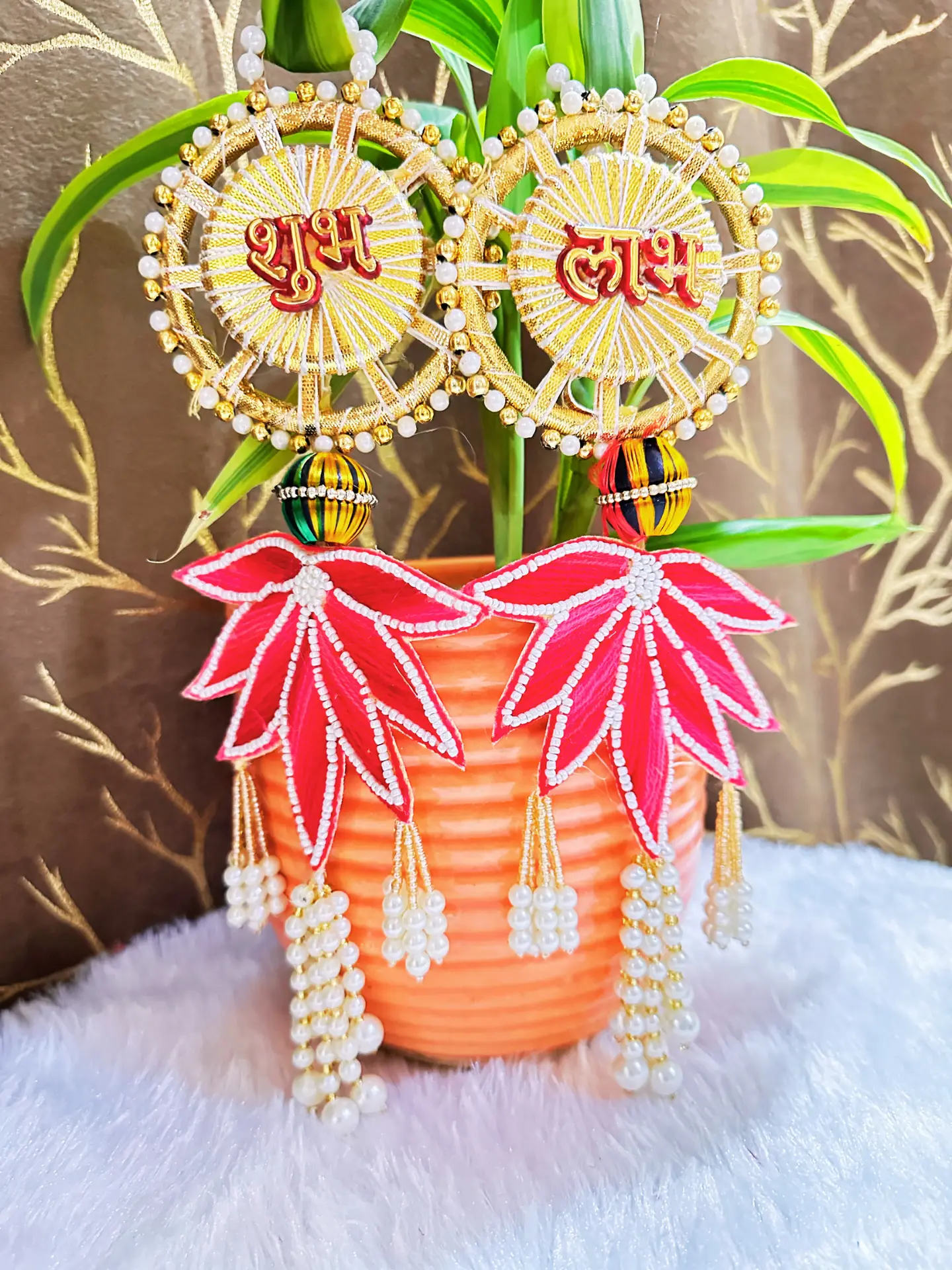 Shubh Labh Golden Red Lotus Toran – Auspicious Door Hanging