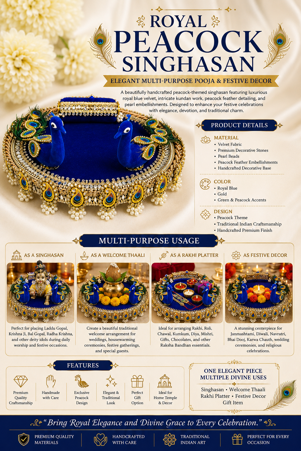 Royal Pearl Multipurpose Singhasan – Elegant Pooja Decor & Multi-Utility Platter_Venussta.com