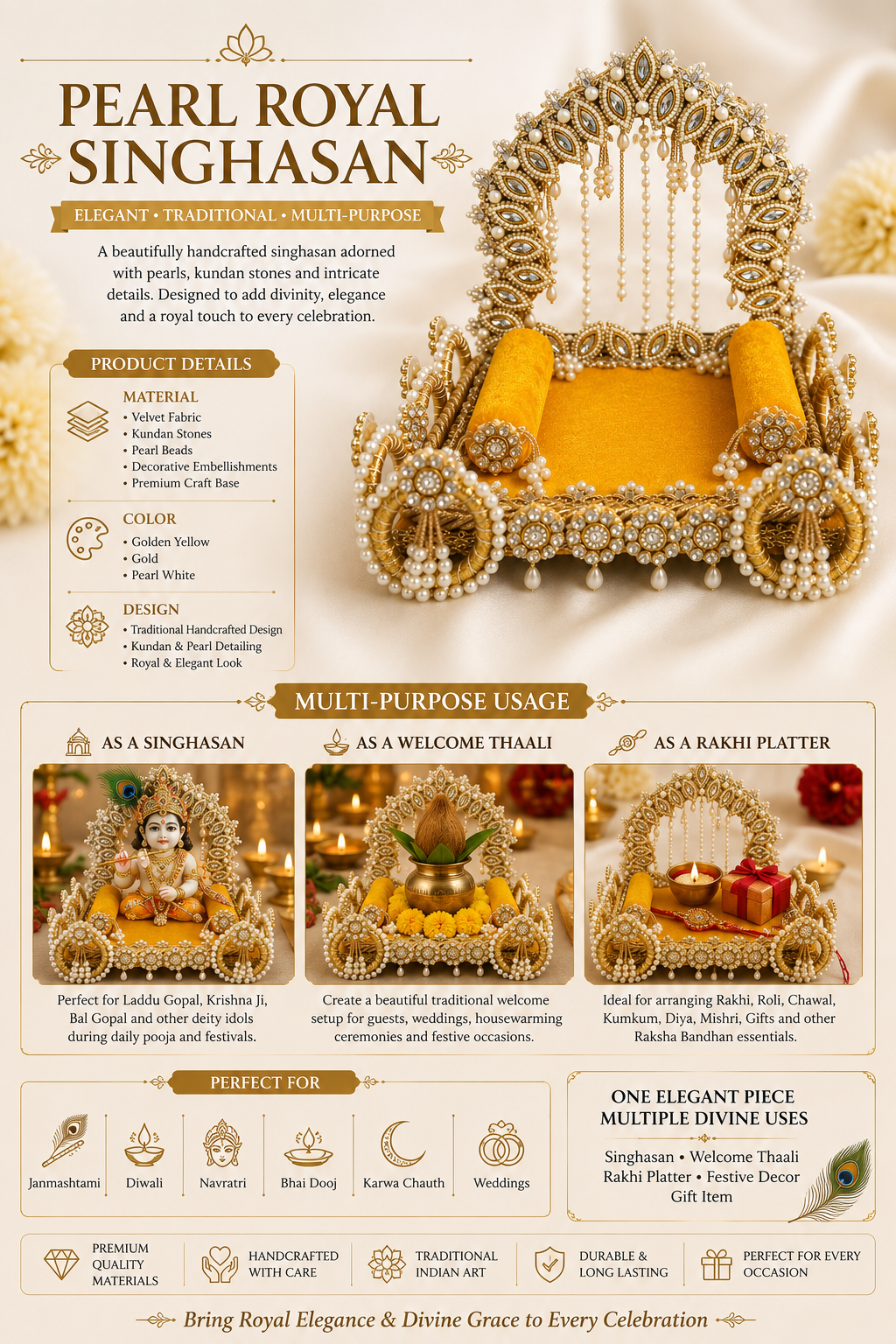 Premium Handmade Pearl & Stone Decorative Singhasan (Mini Throne)